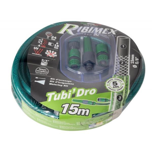 Kit d'arrosage tuyau guipé 15 m avec lance RIBIMEX